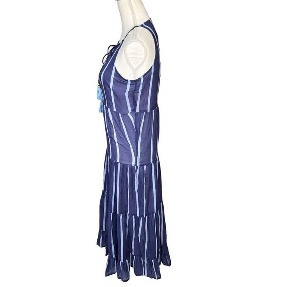 Oliphant Tiered Striped Tassel Tie Neck Maxi Dress Blue Size XS - Picture 3 of 12